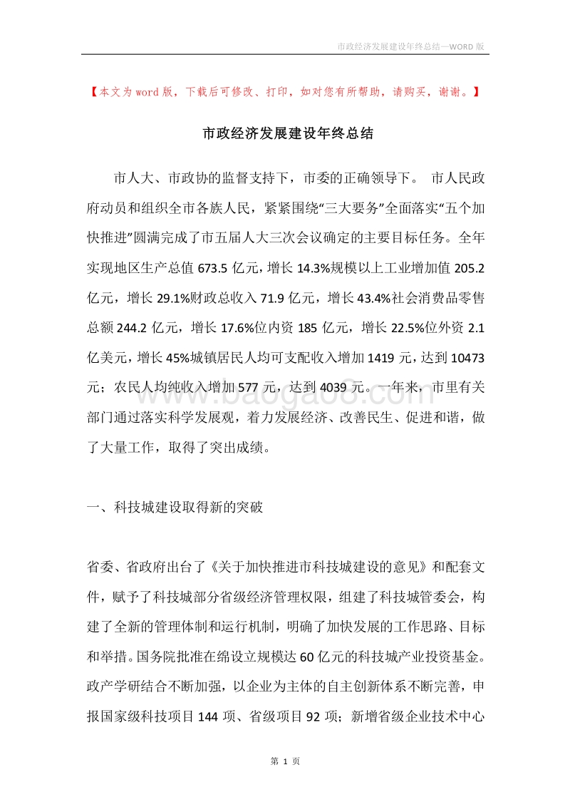市政经济发展建设年终总结.docx_第1页