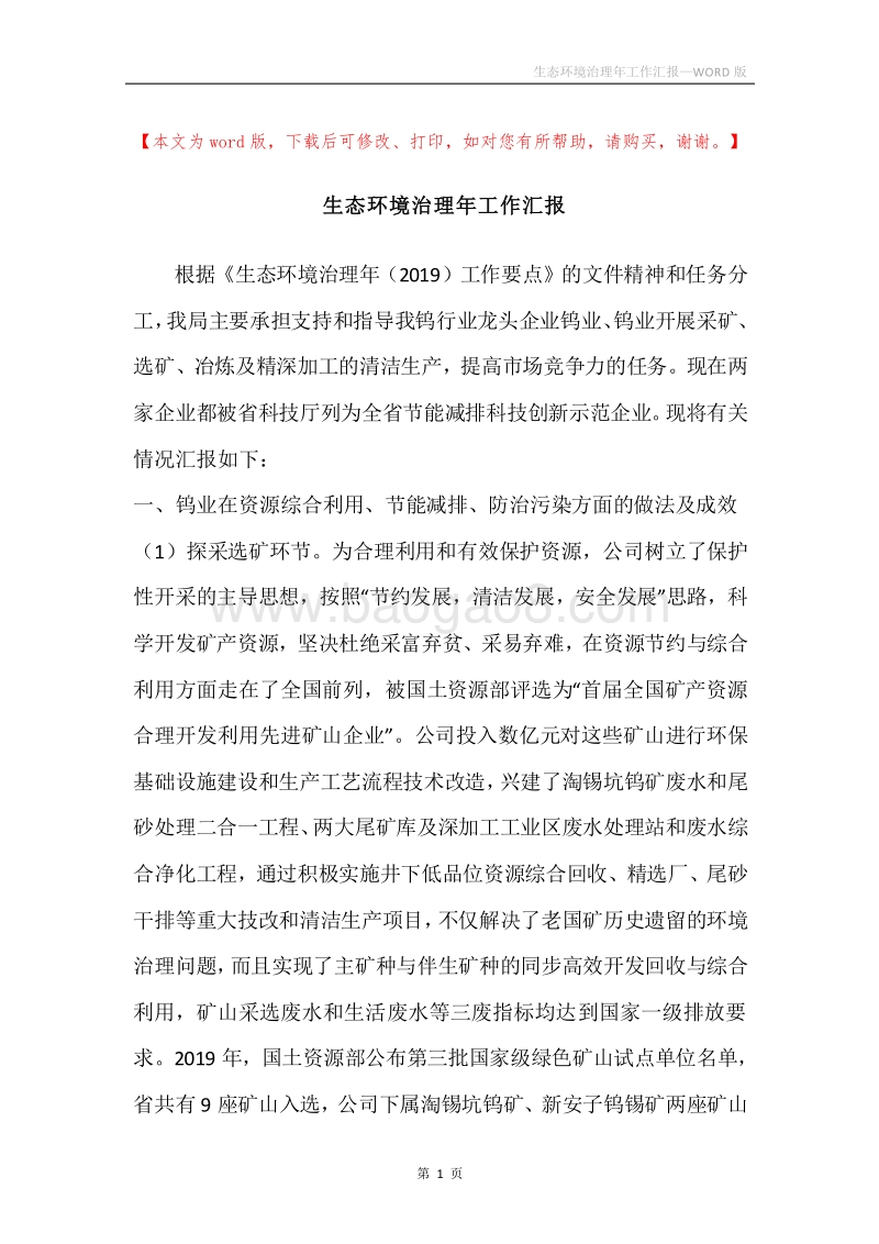 生态环境治理年工作汇报.docx_第1页