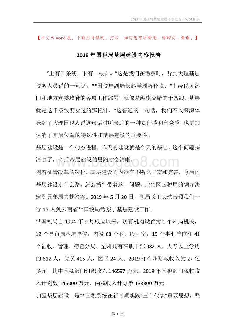 2019年国税局基层建设考察报告.docx_第1页