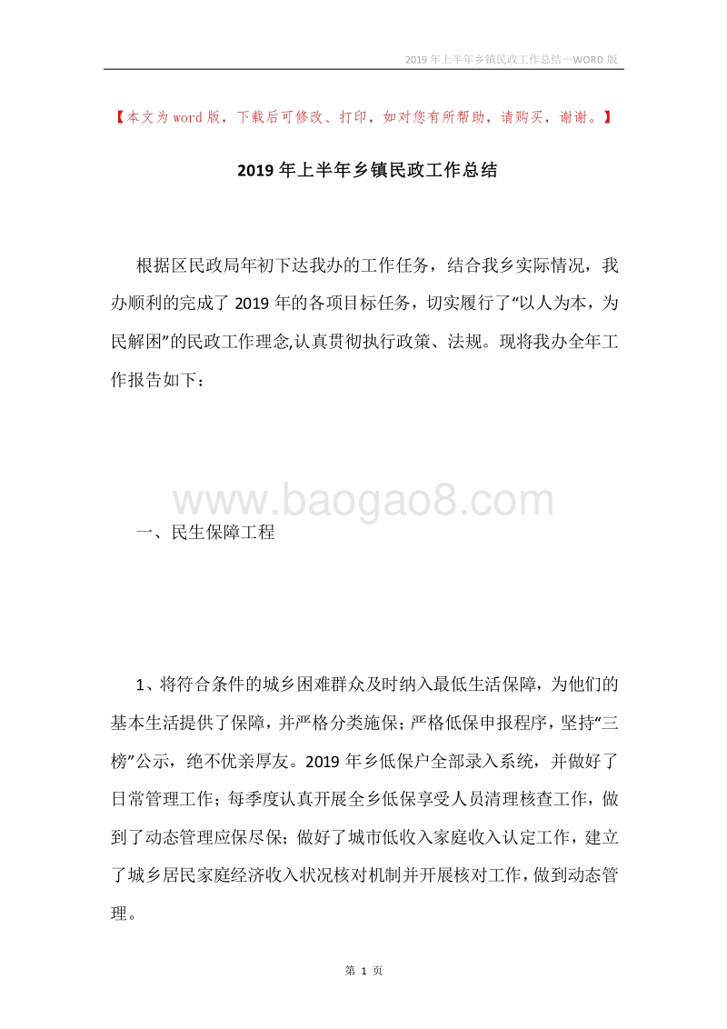 2019年上半年乡镇民政工作总结.docx_第1页