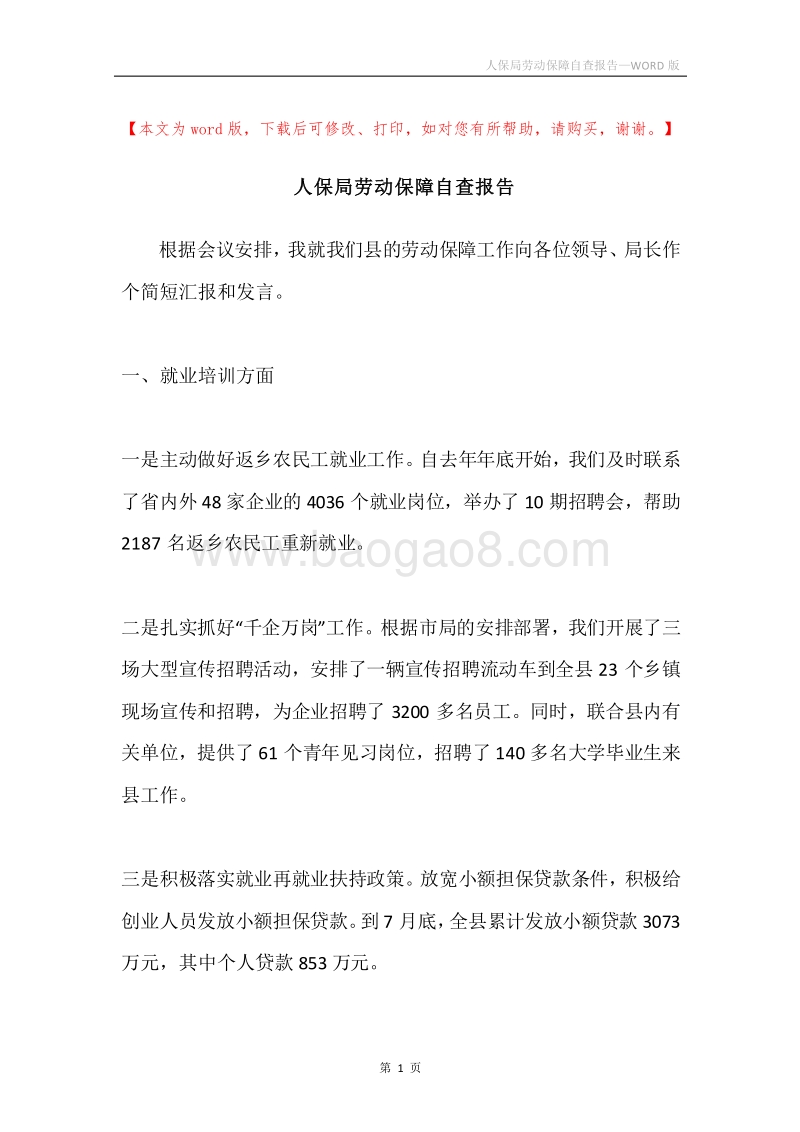 人保局劳动保障自查报告.docx_第1页