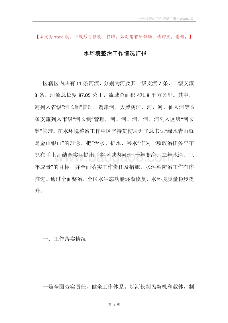 水环境整治工作情况汇报.docx_第1页