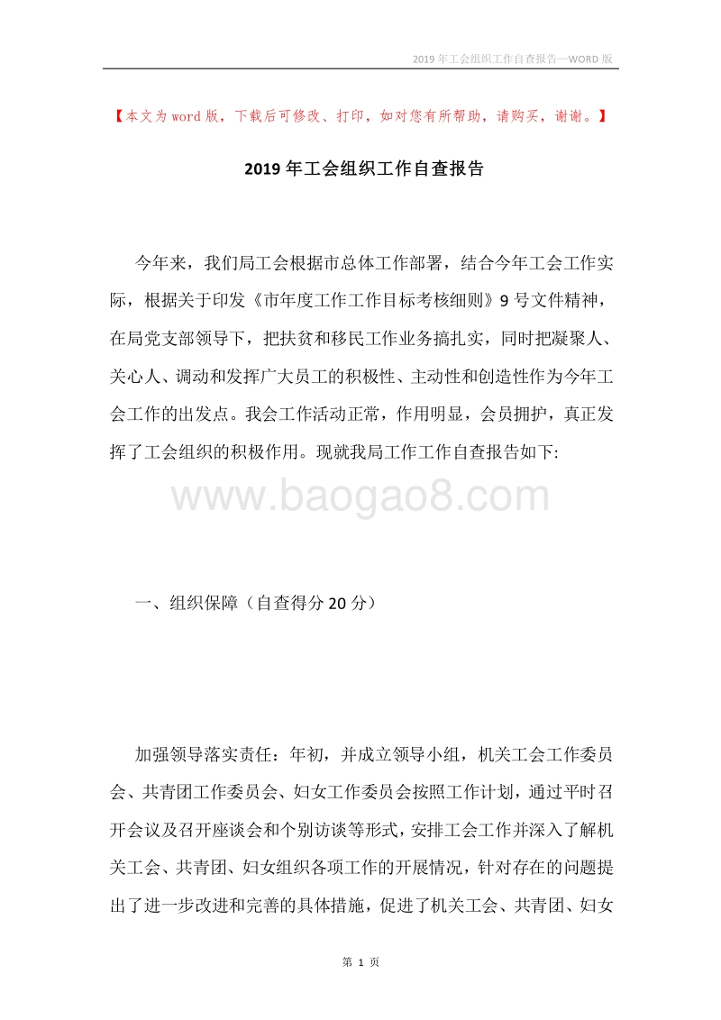 2019年工会组织工作自查报告.docx_第1页