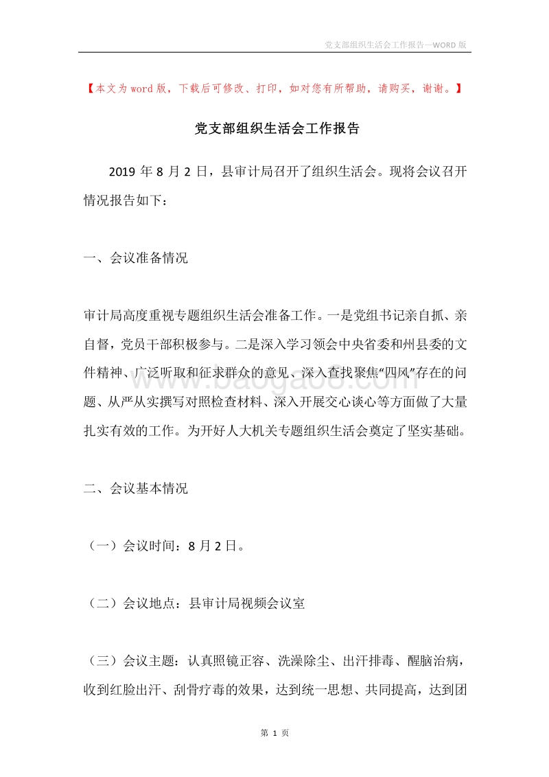党支部组织生活会工作报告.docx_第1页