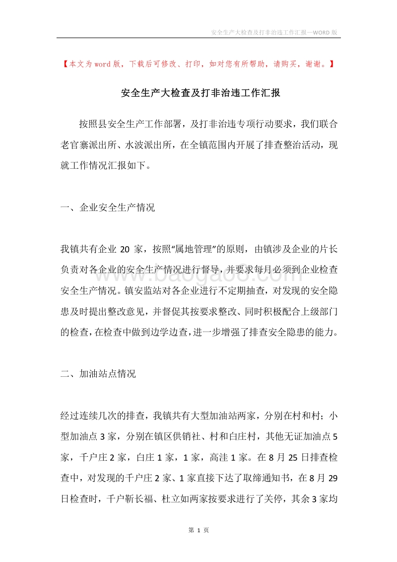 安全生产大检查及打非治违工作汇报.docx_第1页