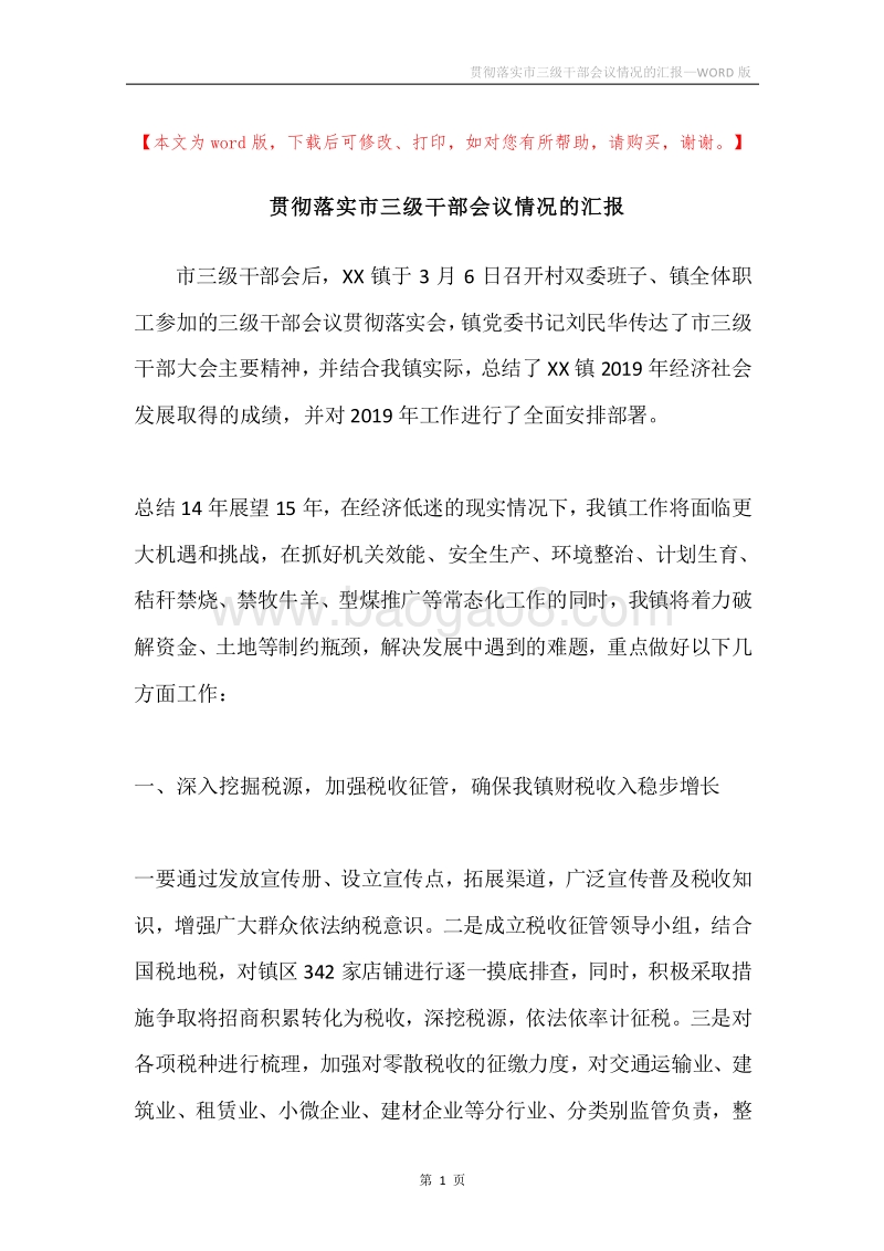 贯彻落实市三级干部会议情况的汇报.docx_第1页