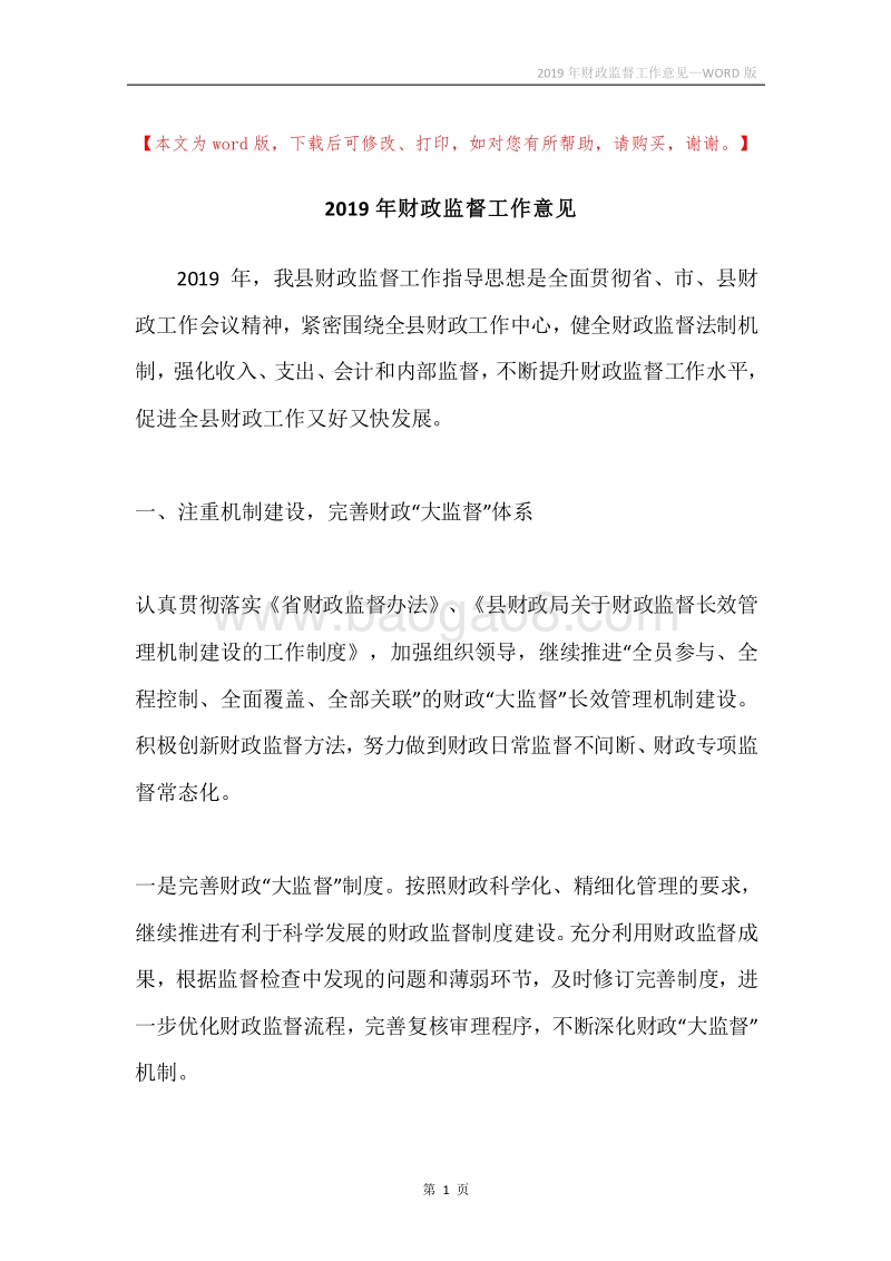 2019年财政监督工作意见.docx_第1页