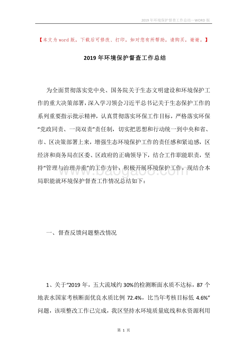 2019年环境保护督查工作总结.docx_第1页