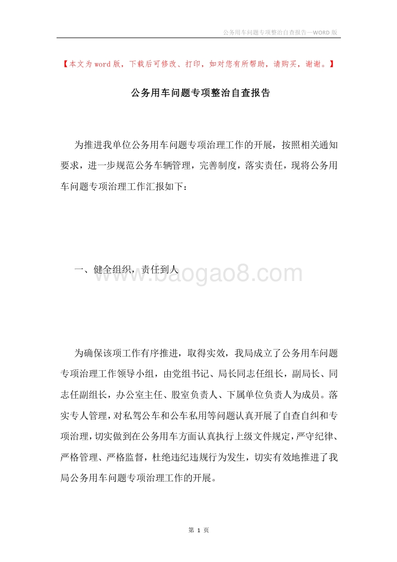 公务用车问题专项整治自查报告.docx_第1页