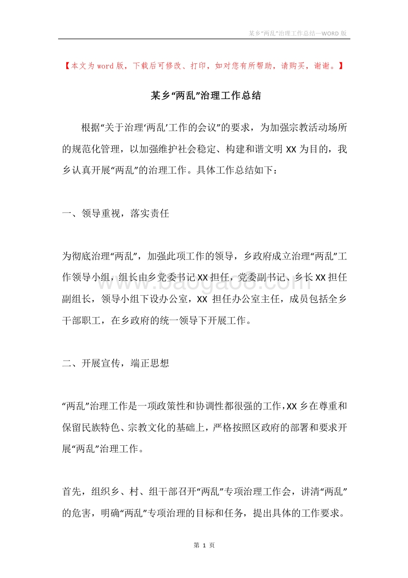 某乡“两乱”治理工作总结.docx_第1页