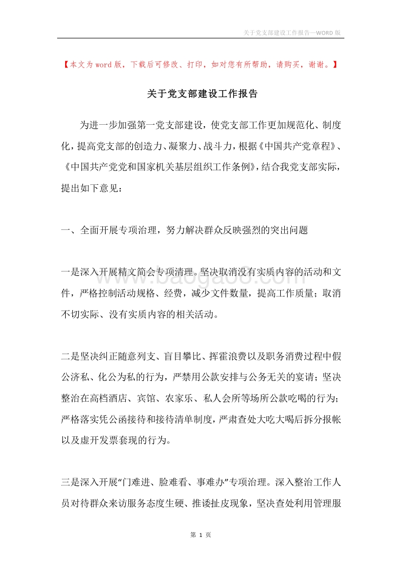 关于党支部建设工作报告.docx_第1页