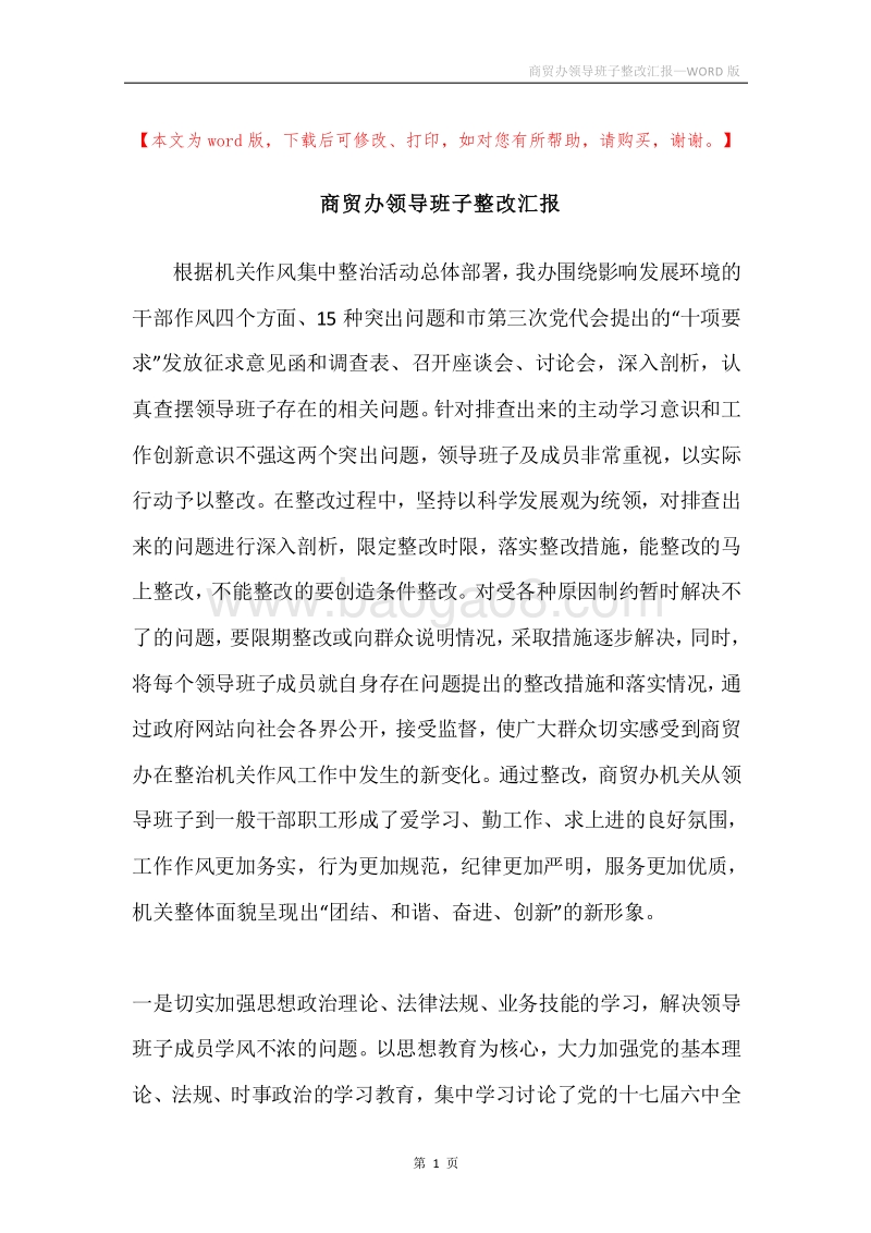 商贸办领导班子整改汇报.docx_第1页