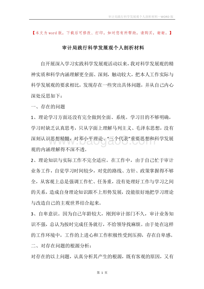 审计局践行科学发展观个人剖析材料.docx_第1页