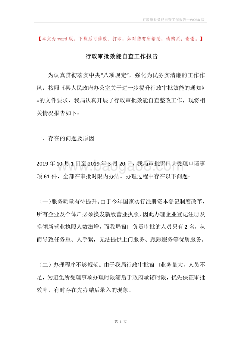 行政审批效能自查工作报告.docx_第1页