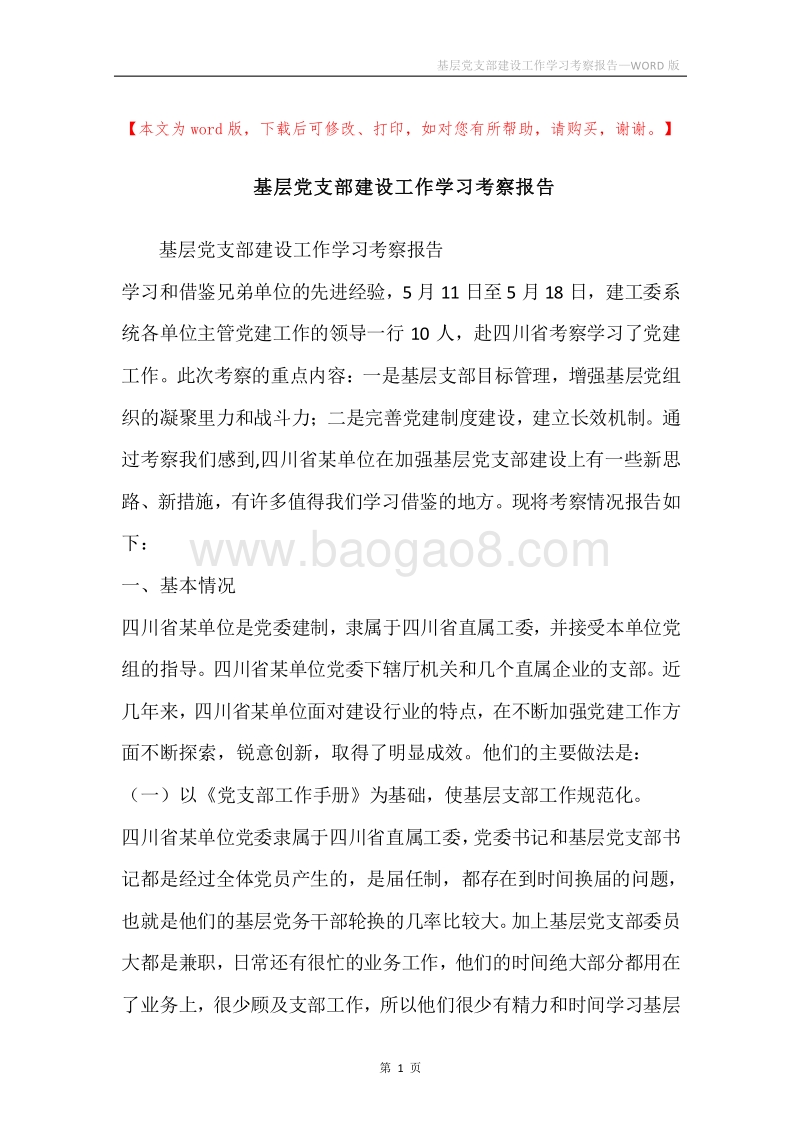 基层党支部建设工作学习考察报告.docx_第1页