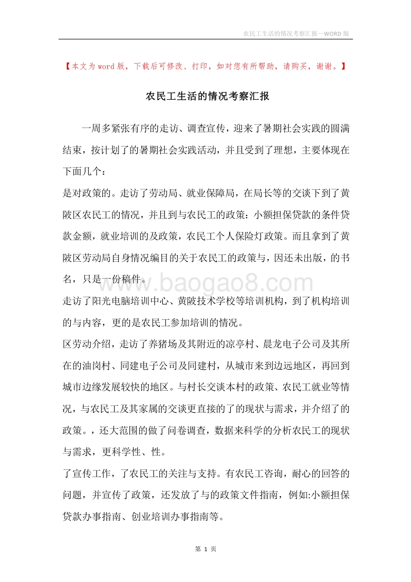 农民工生活的情况考察汇报.docx_第1页