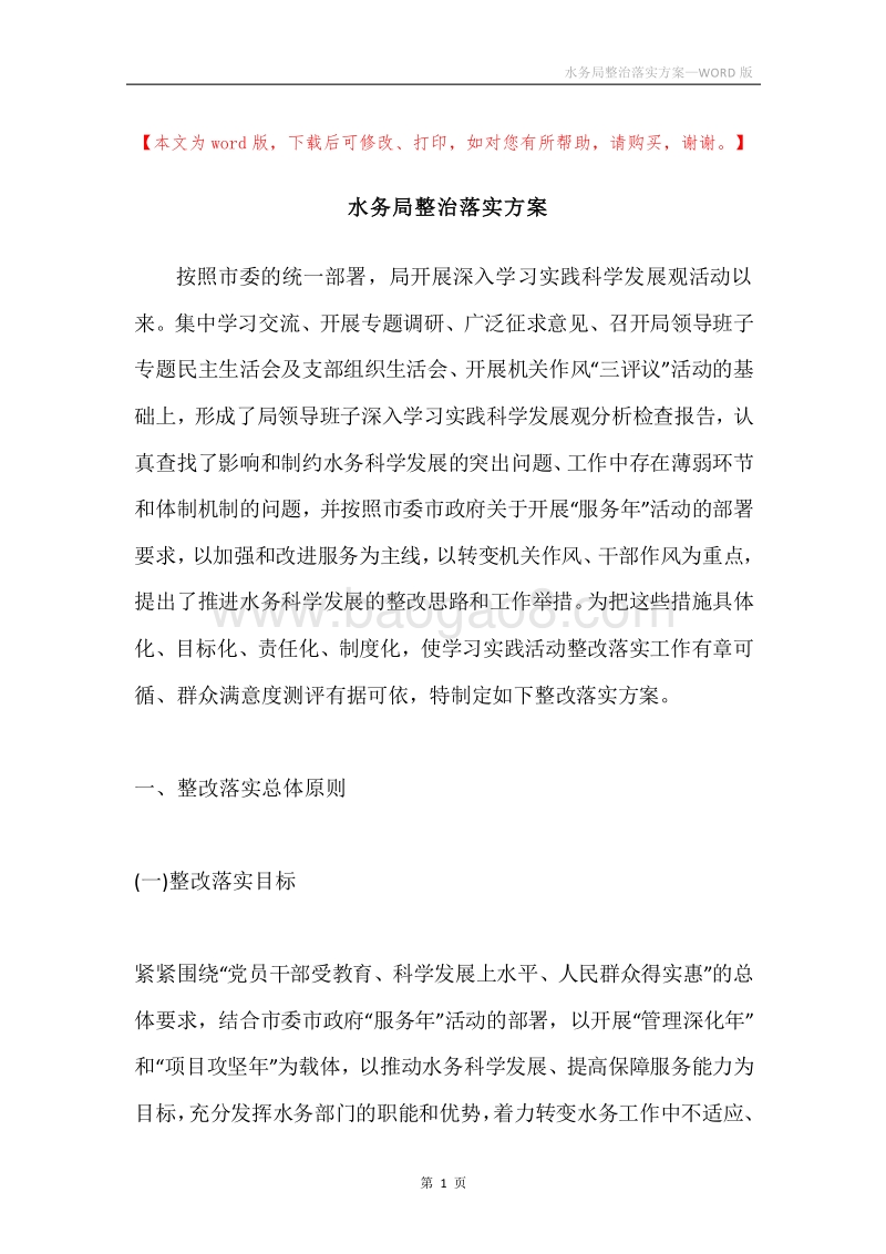 水务局整治落实方案.docx_第1页