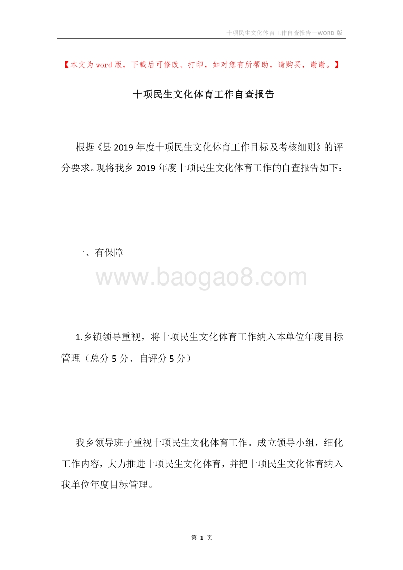 十项民生文化体育工作自查报告.docx_第1页