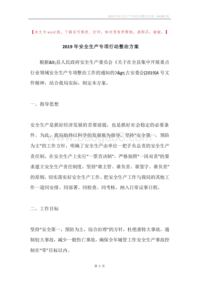 2019年安全生产专项行动整治方案.docx_第1页