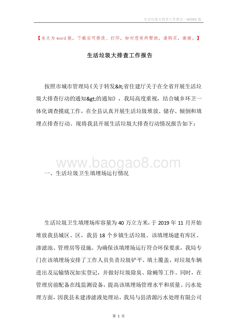 生活垃圾大排查工作报告.docx_第1页