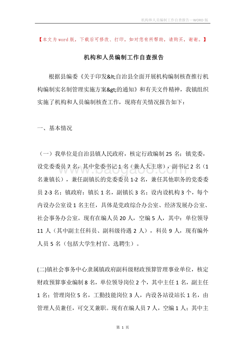 机构和人员编制工作自查报告.docx_第1页