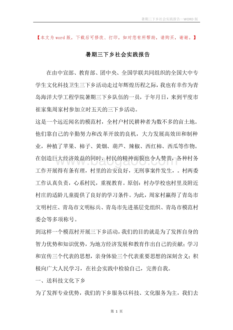暑期三下乡社会实践报告.docx_第1页