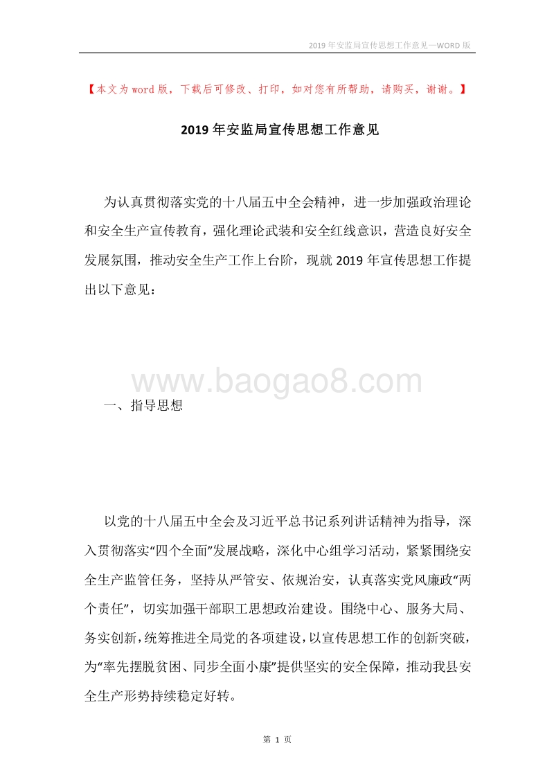 2019年安监局宣传思想工作意见.docx_第1页