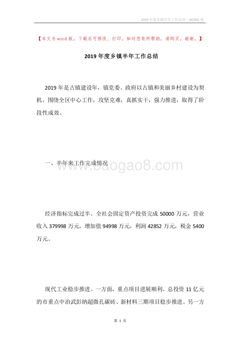 2019年度乡镇半年工作总结.docx_第1页