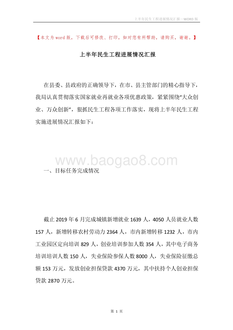 上半年民生工程进展情况汇报.docx_第1页