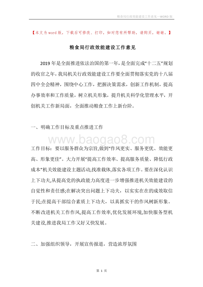 粮食局行政效能建设工作意见.docx_第1页