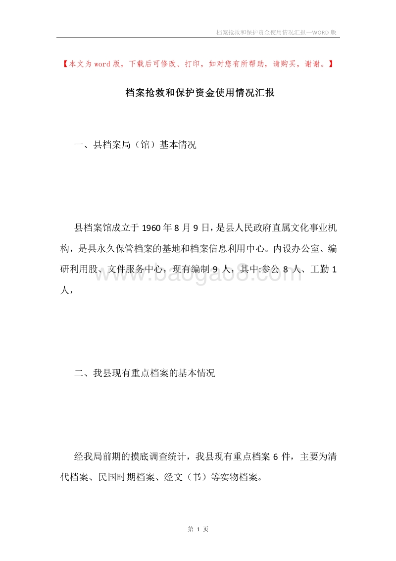 档案抢救和保护资金使用情况汇报.docx_第1页