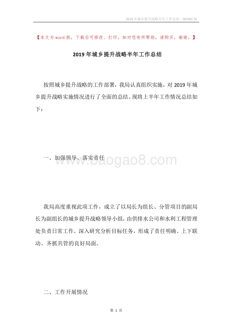 2019年城乡提升战略半年工作总结.docx_第1页