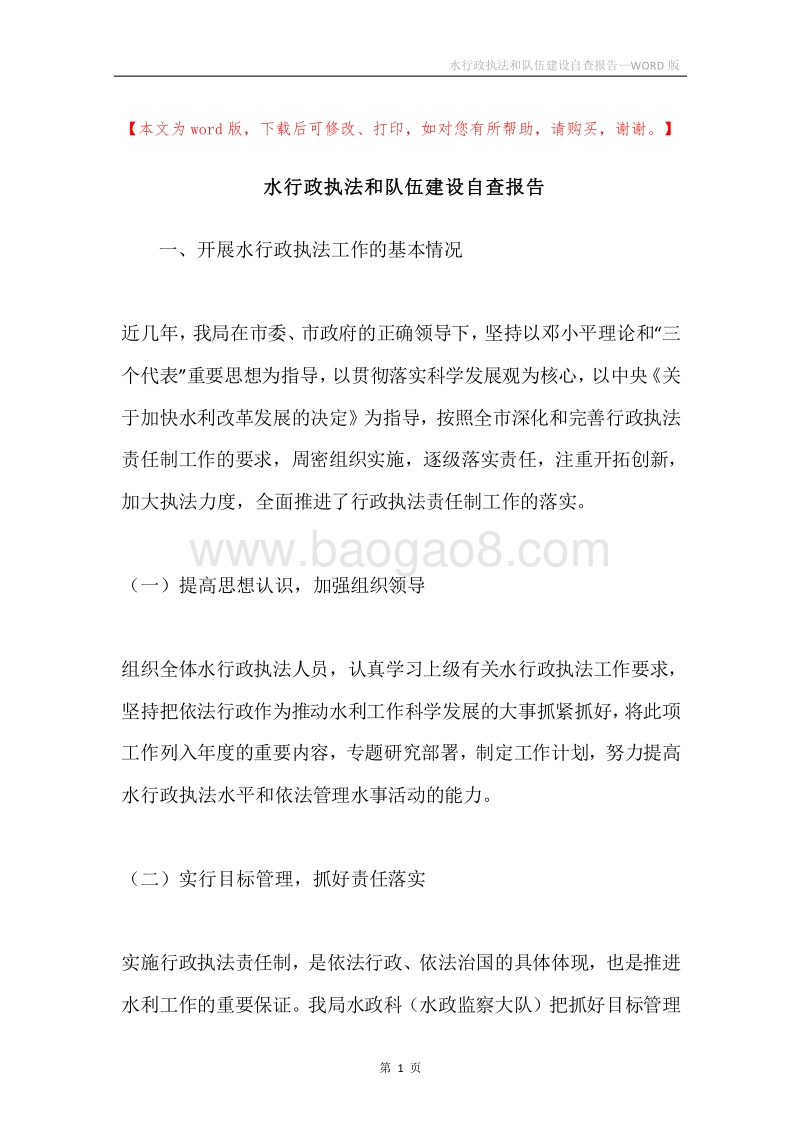 水行政执法和队伍建设自查报告.docx_第1页