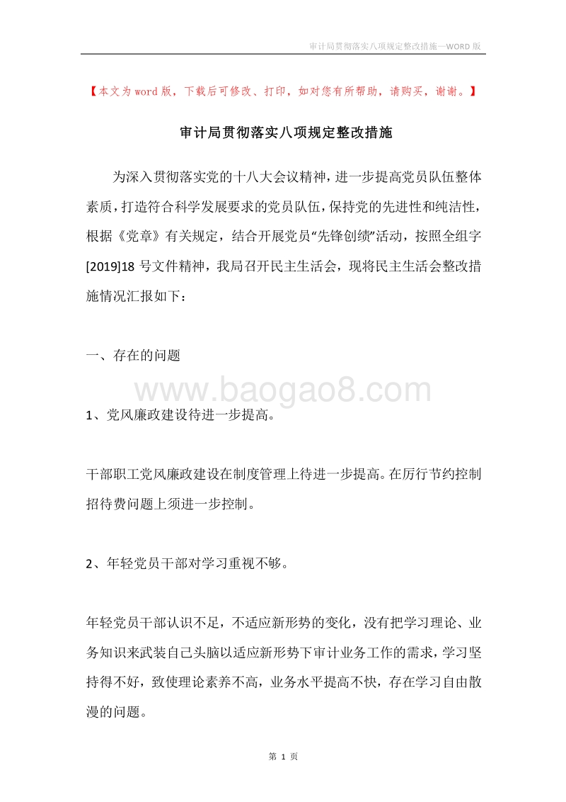 审计局贯彻落实八项规定整改措施.docx_第1页