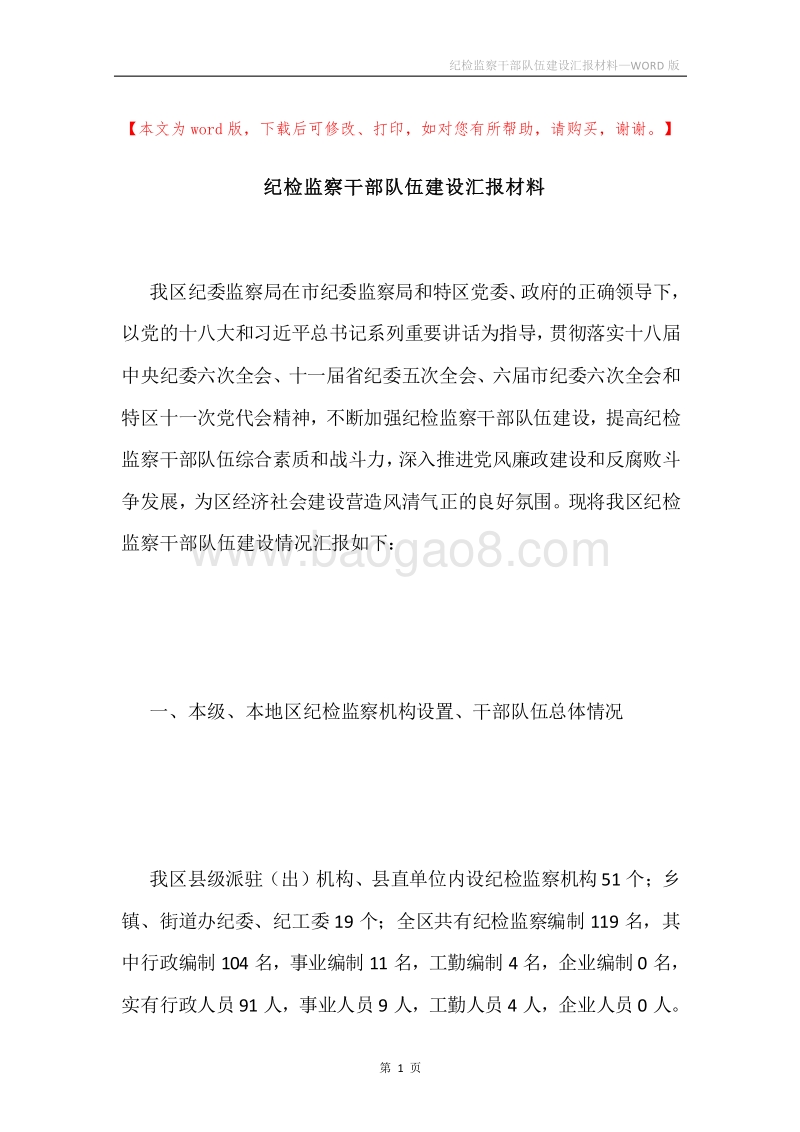纪检监察干部队伍建设汇报材料.docx_第1页