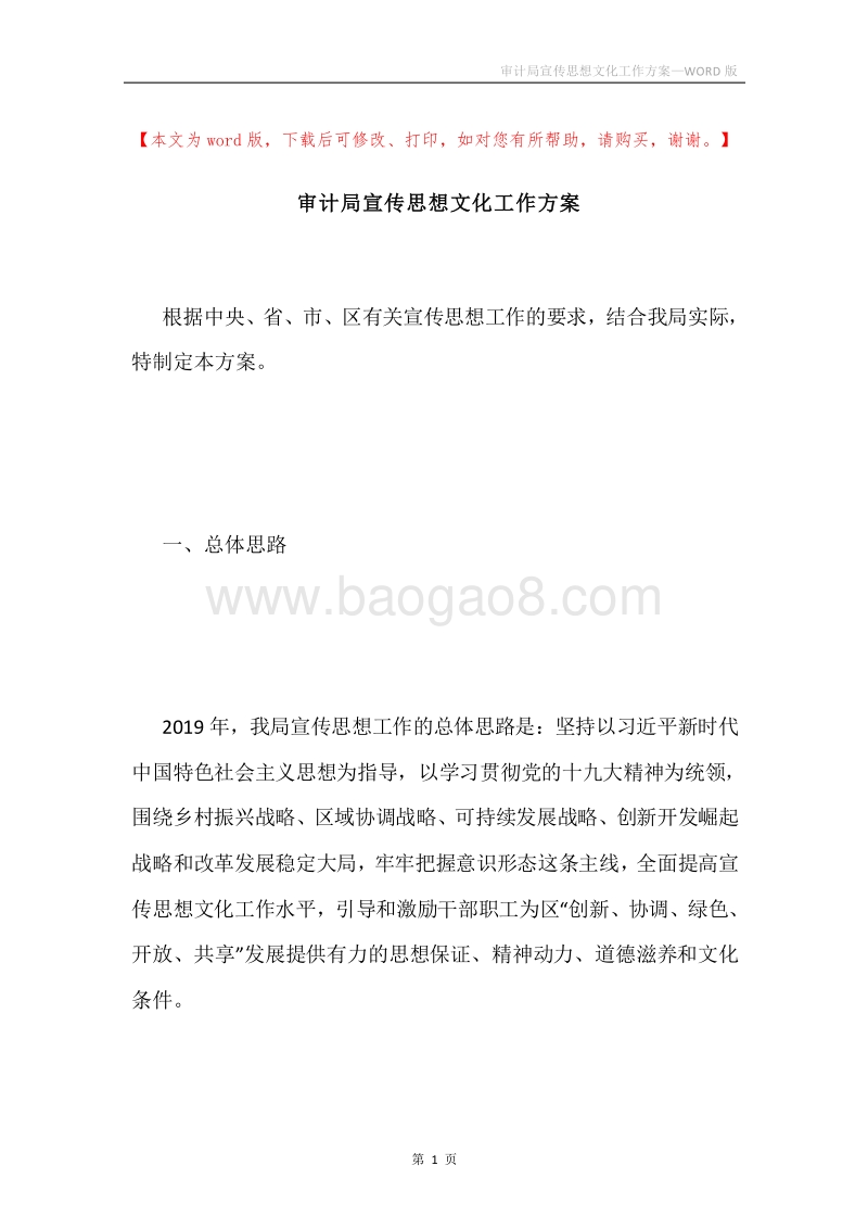 审计局宣传思想文化工作方案.docx_第1页