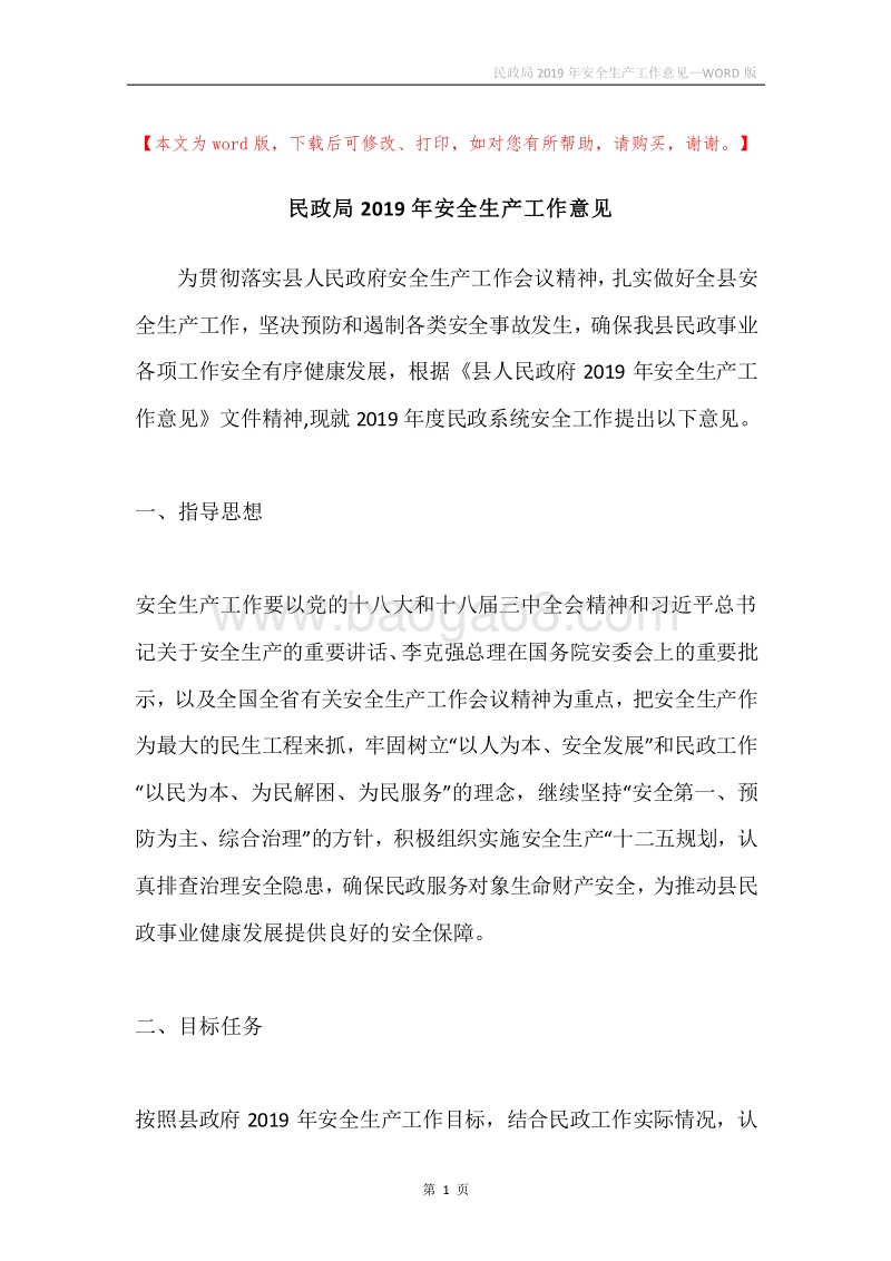 民政局2019年安全生产工作意见.docx_第1页