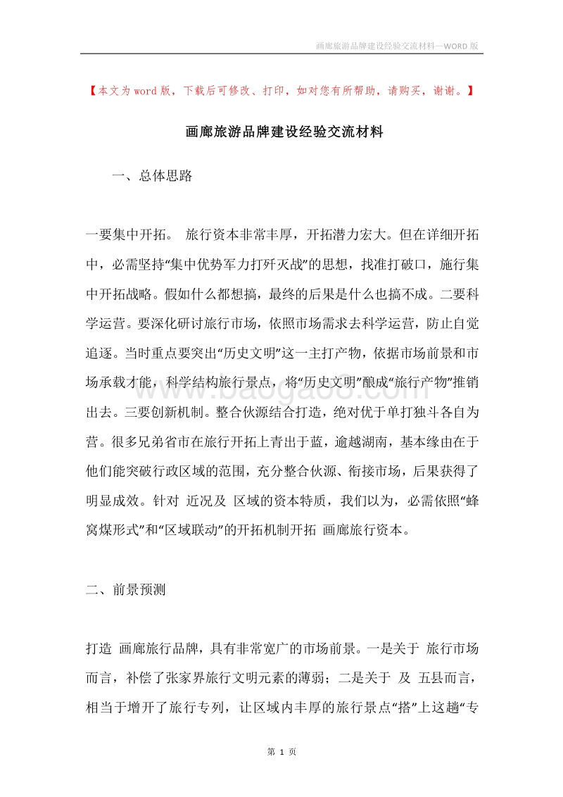画廊旅游品牌建设经验交流材料.docx_第1页