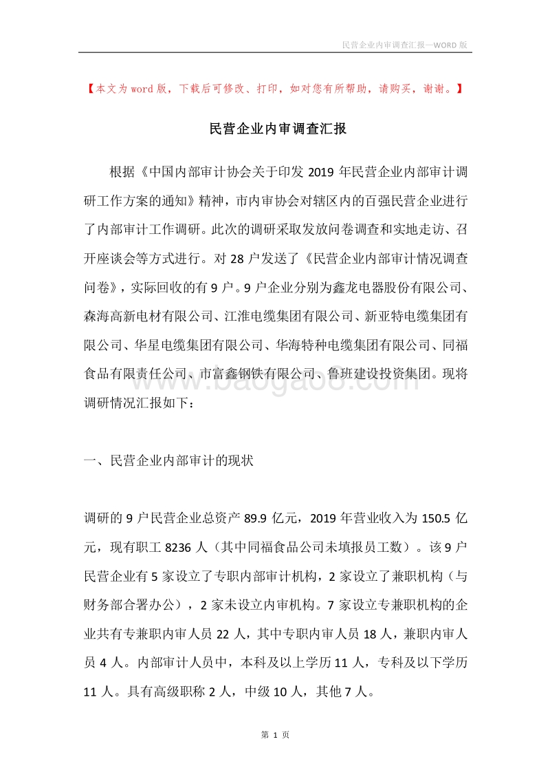 民营企业内审调查汇报.docx_第1页