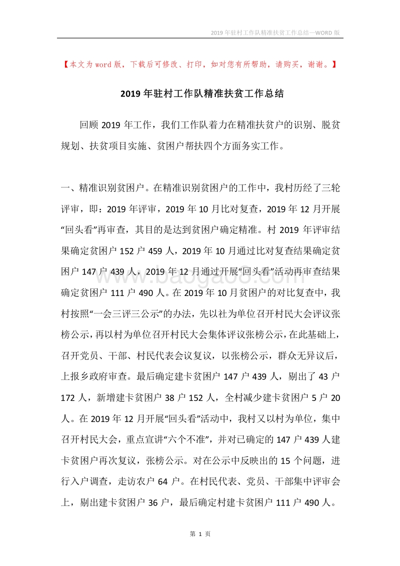 2019年驻村工作队精准扶贫工作总结.docx_第1页