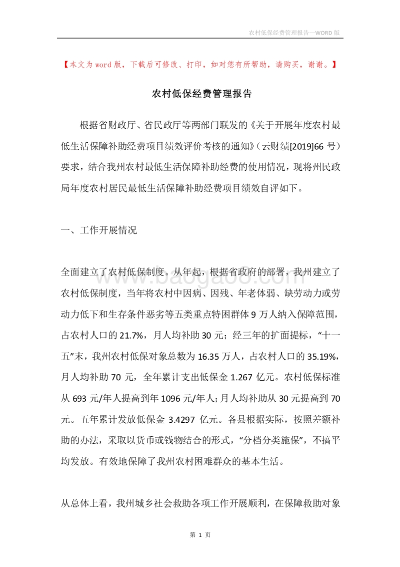 农村低保经费管理报告.docx_第1页