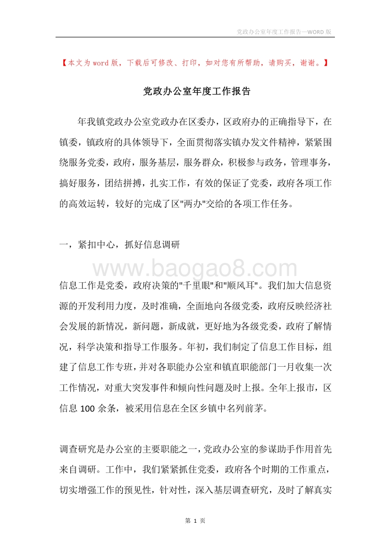 党政办公室年度工作报告.docx_第1页
