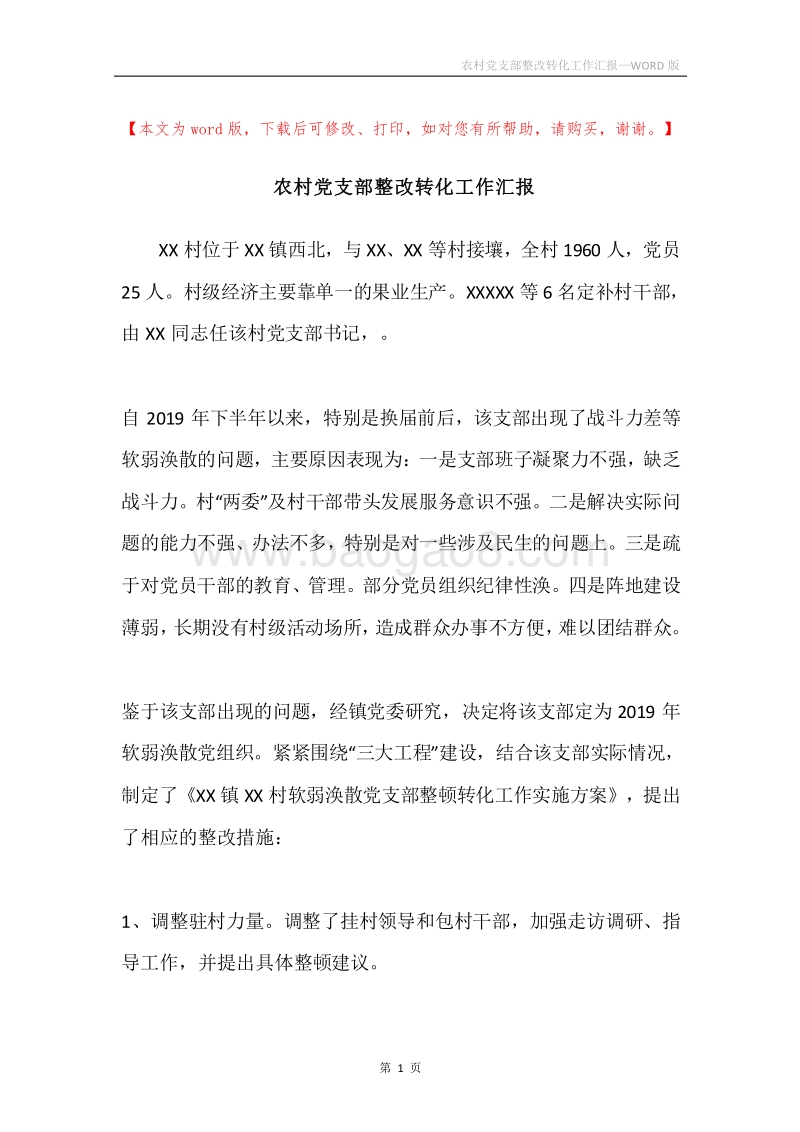 农村党支部整改转化工作汇报.docx_第1页