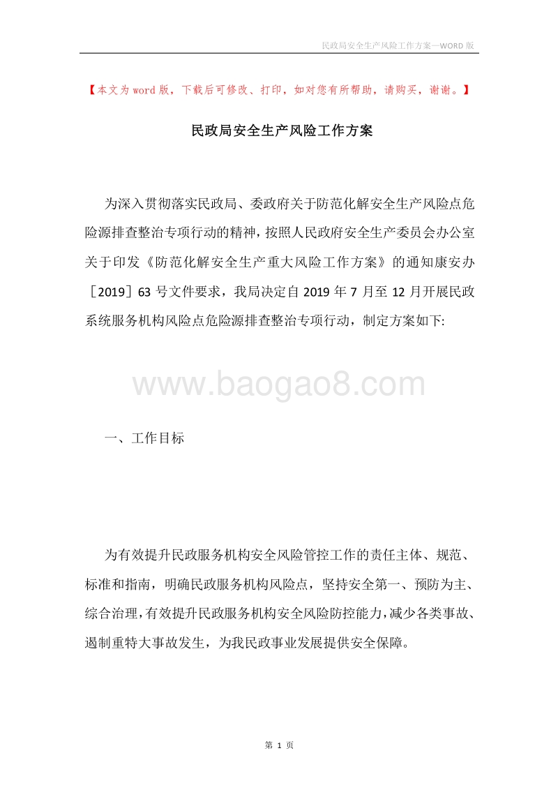 民政局安全生产风险工作方案.docx_第1页