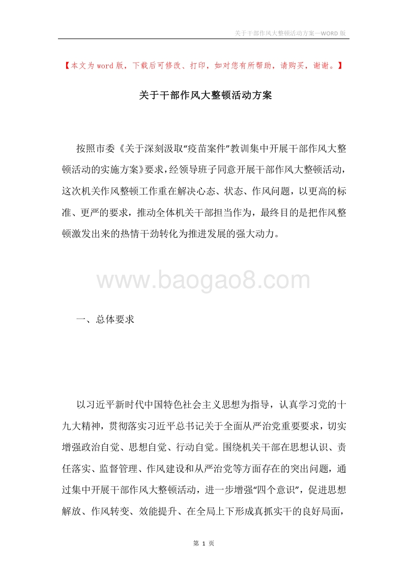 关于干部作风大整顿活动方案.docx_第1页