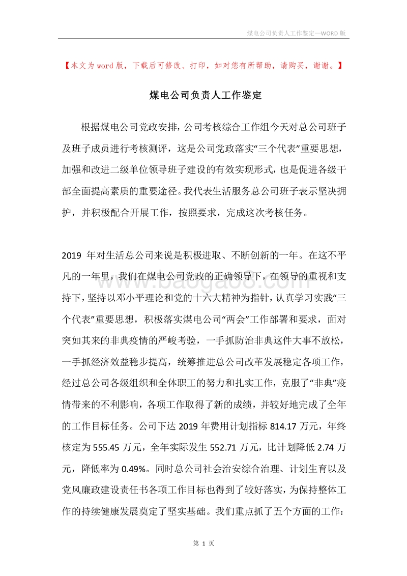 煤电公司负责人工作鉴定.docx_第1页