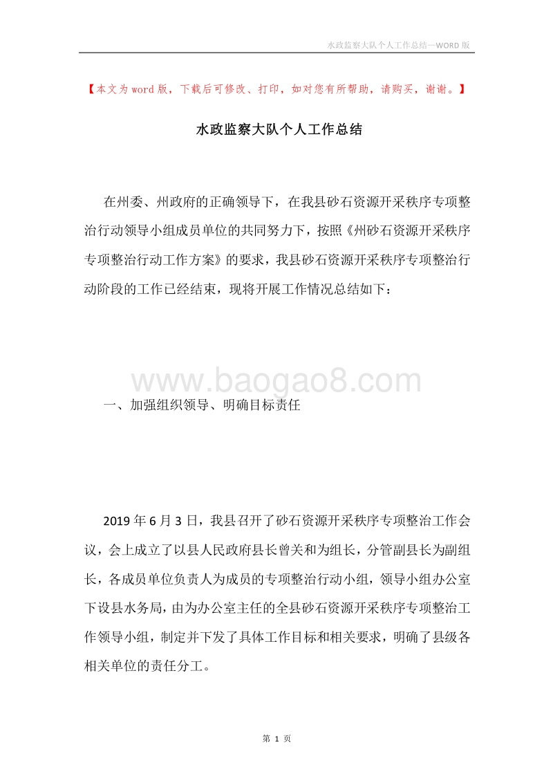 水政监察大队个人工作总结.docx_第1页