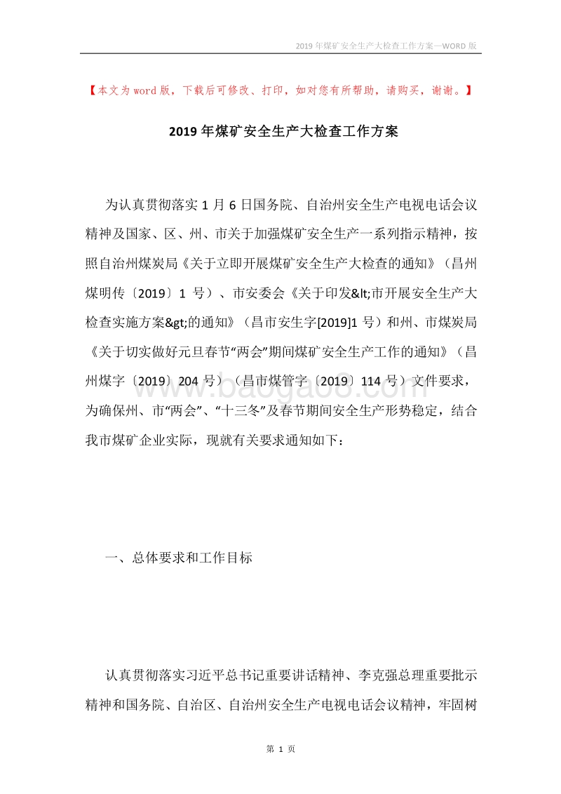 2019年煤矿安全生产大检查工作方案.docx_第1页