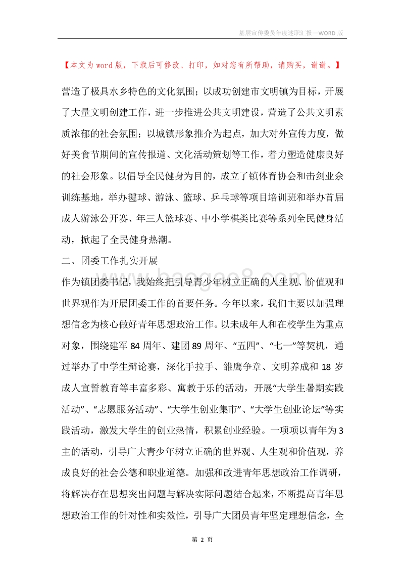 基层宣传委员年度述职汇报.docx_第2页
