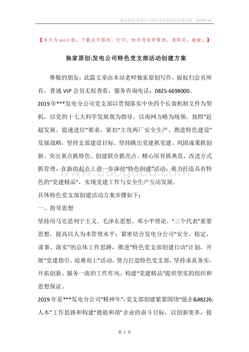 独家原创-发电公司特色党支部活动创建方案.docx_第1页